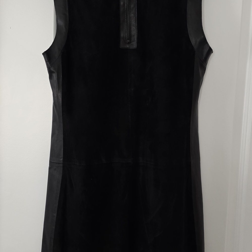 Vince Suede Leather Black Sleeveless Sheath Mini Dress with Pockets, Size 6